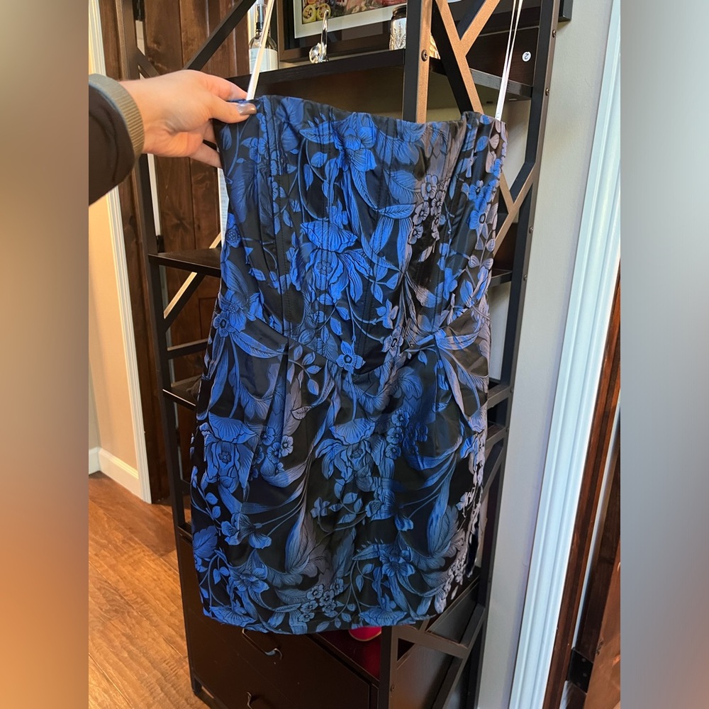 Corset style floral blue and black mini strapless dress
